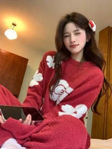 DAZY Setelan Piyama 2 Potong Motif Bunga Lembut & Nyaman untuk Musim Gugur/Dingin, Bahan Setengah Fleece, Pakaian Santai untuk Wanita - Merah - View 14