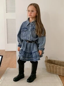DAZY Young Girl) Turn-Down Collar Long Sleeve Casual Cinched Waist A-Line Frill Trim Autumn/Winter Washed Denim Top - Medium Wash - View 4