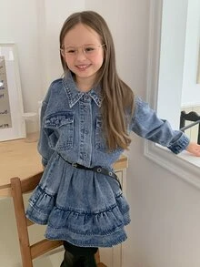 DAZY Young Girl) Turn-Down Collar Long Sleeve Casual Cinched Waist A-Line Frill Trim Autumn/Winter Washed Denim Top - Medium Wash - View 6