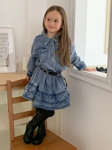 DAZY Young Girl) Turn-Down Collar Long Sleeve Casual Cinched Waist A-Line Frill Trim Autumn/Winter Washed Denim Top - Medium Wash - View 5