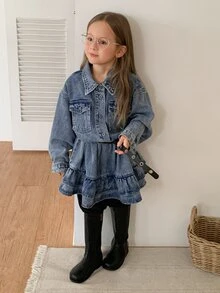 DAZY Young Girl) Turn-Down Collar Long Sleeve Casual Cinched Waist A-Line Frill Trim Autumn/Winter Washed Denim Top - Medium Wash - View 3