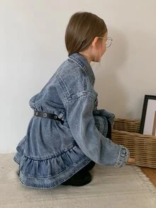 DAZY Young Girl) Turn-Down Collar Long Sleeve Casual Cinched Waist A-Line Frill Trim Autumn/Winter Washed Denim Top - Medium Wash - View 1