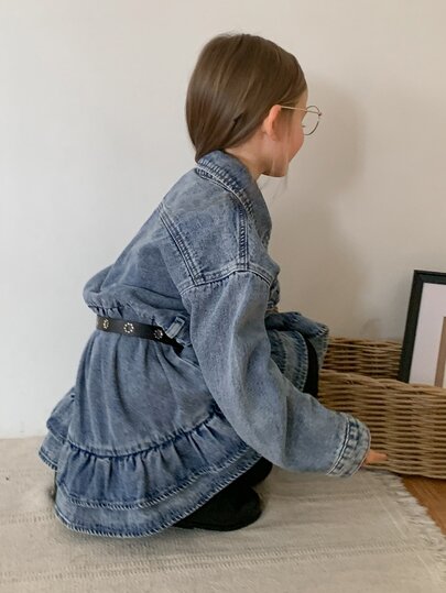 DAZY Young Girl) Turn-Down Collar Long Sleeve Casual Cinched Waist A-Line Frill Trim Autumn/Winter Washed Denim Top