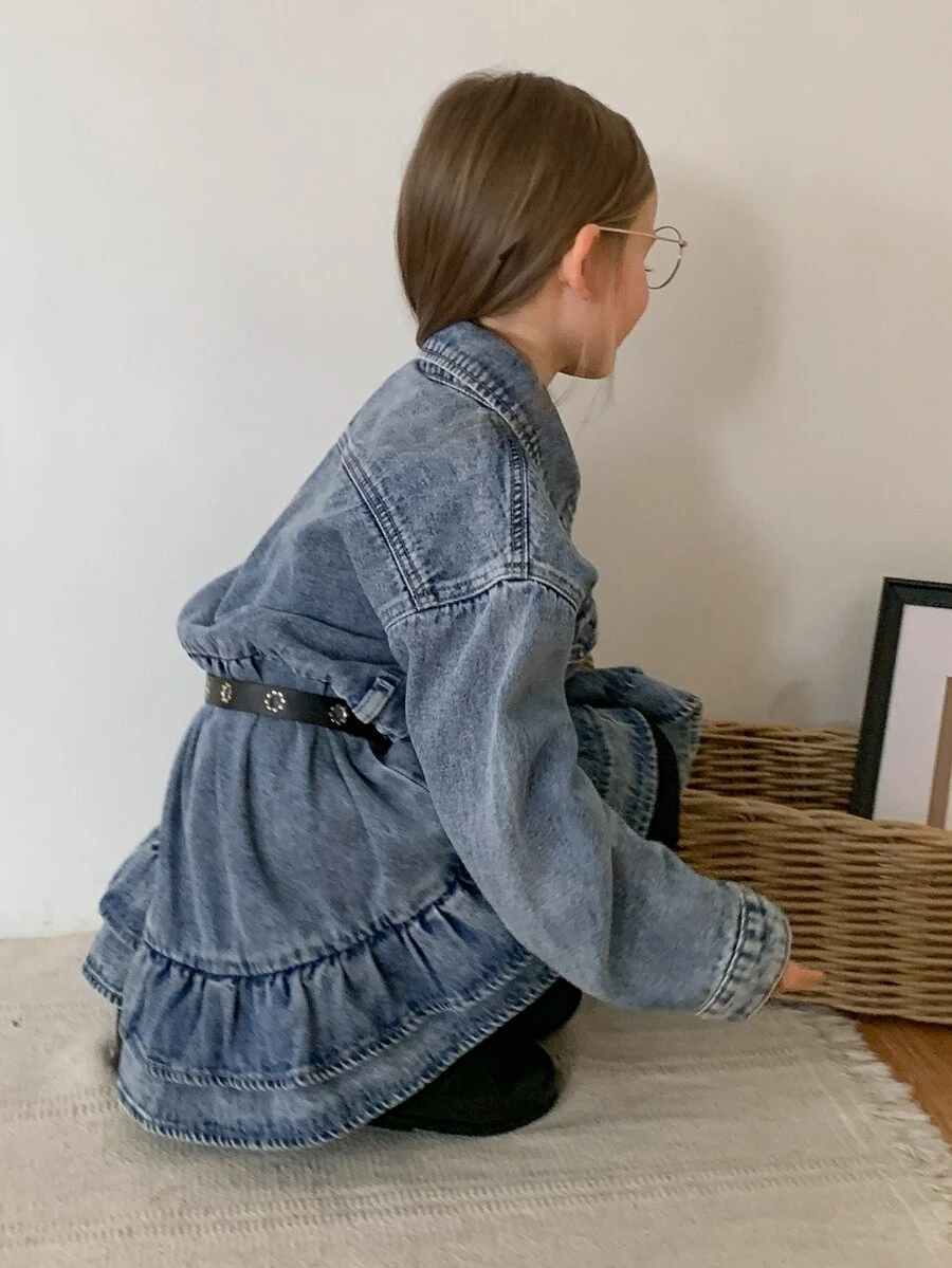 DAZY Young Girl) Turn-Down Collar Long Sleeve Casual Cinched Waist A-Line Frill Trim Autumn/Winter Washed Denim Top - Medium Wash - View 1