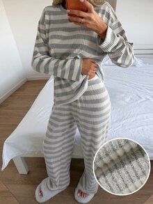 Livesso Women's Striped Long Sleeve Top And Pants Casual Daily Loungewear Set - Apricot - View 2
