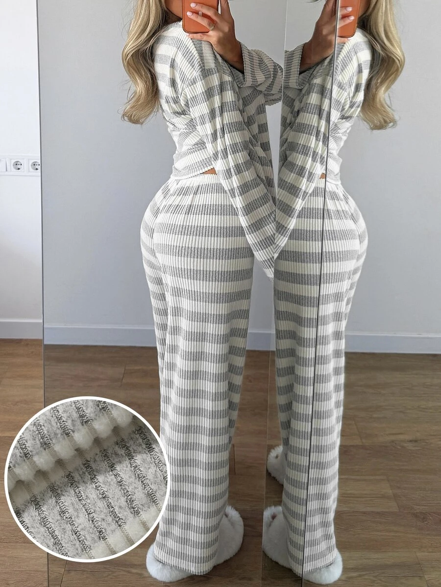 Livesso Women's Striped Long Sleeve Top And Pants Casual Daily Loungewear Set - Apricot - View 1