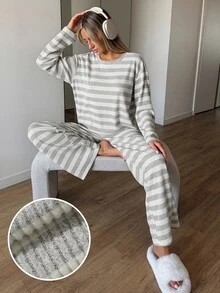 Livesso Women's Striped Long Sleeve Top And Pants Casual Daily Loungewear Set - Apricot - View 3