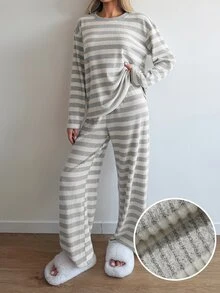 Livesso Women's Striped Long Sleeve Top And Pants Casual Daily Loungewear Set - Apricot - View 4