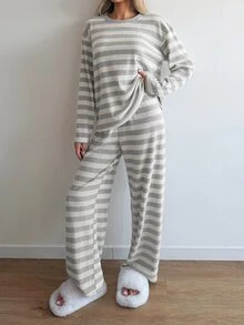 Livesso Women's Striped Long Sleeve Top And Pants Casual Daily Loungewear Set - Apricot - View 9