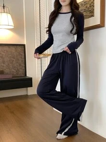 DAZY Women's Colorblock Long Sleeve Top And Pants Casual Daily Loungewear Set - Navy Blue - View 7