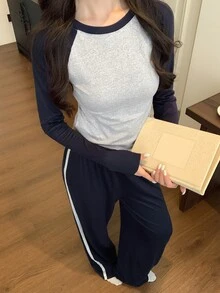 DAZY Women's Colorblock Long Sleeve Top And Pants Casual Daily Loungewear Set - Navy Blue - View 4