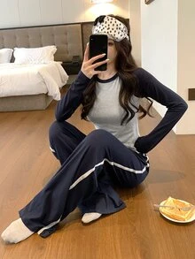 DAZY Women's Colorblock Long Sleeve Top And Pants Casual Daily Loungewear Set - Navy Blue - View 5