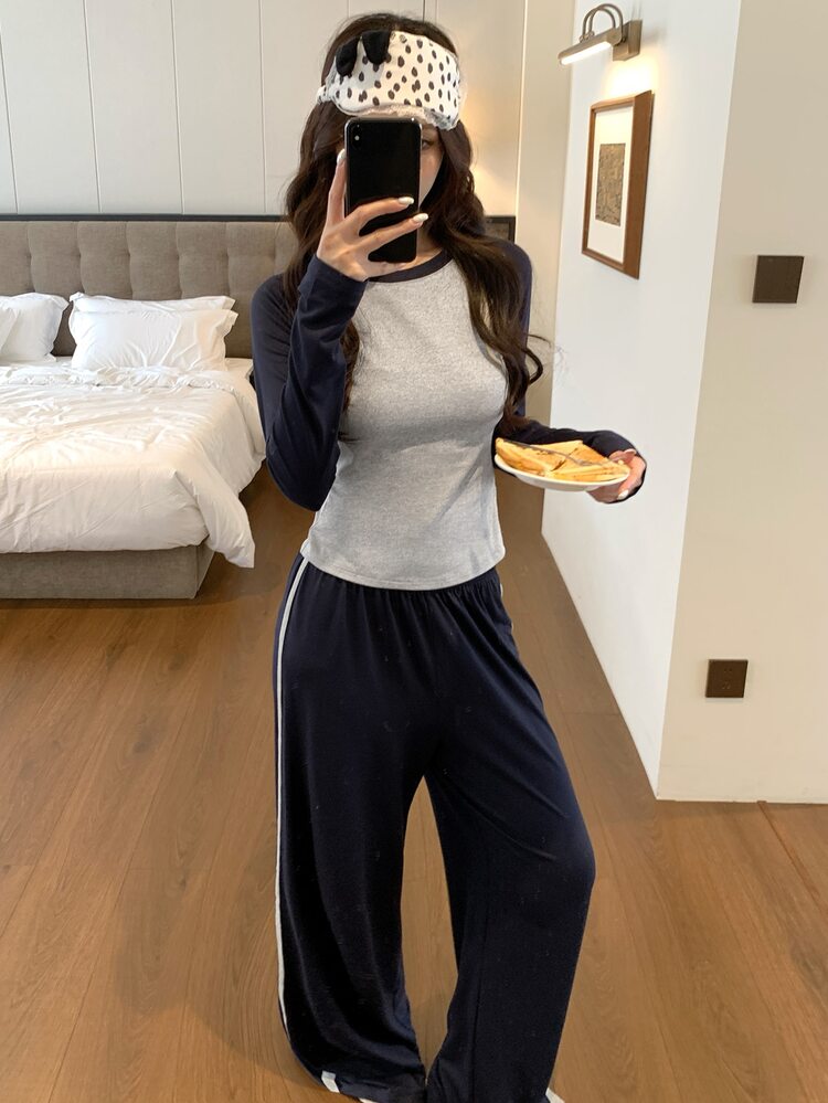 DAZY Women's Colorblock Long Sleeve Top And Pants Casual Daily Loungewear Set - Navy Blue - View 3