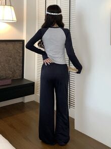 DAZY Women's Colorblock Long Sleeve Top And Pants Casual Daily Loungewear Set - Navy Blue - View 2
