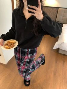 DAZY Women's Autumn/Winter Plaid Top And Long Pants Pajama Set - Black - View 10