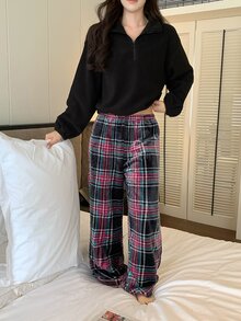 DAZY Women's Autumn/Winter Plaid Top And Long Pants Pajama Set - Black - View 12