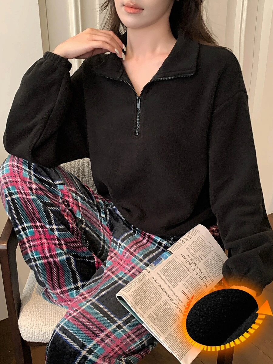 DAZY Women's Autumn/Winter Plaid Top And Long Pants Pajama Set - Black - View 1