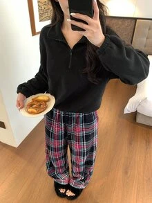 DAZY Women's Autumn/Winter Plaid Top And Long Pants Pajama Set - Black - View 11