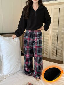 DAZY Women's Autumn/Winter Plaid Top And Long Pants Pajama Set - Black - View 4