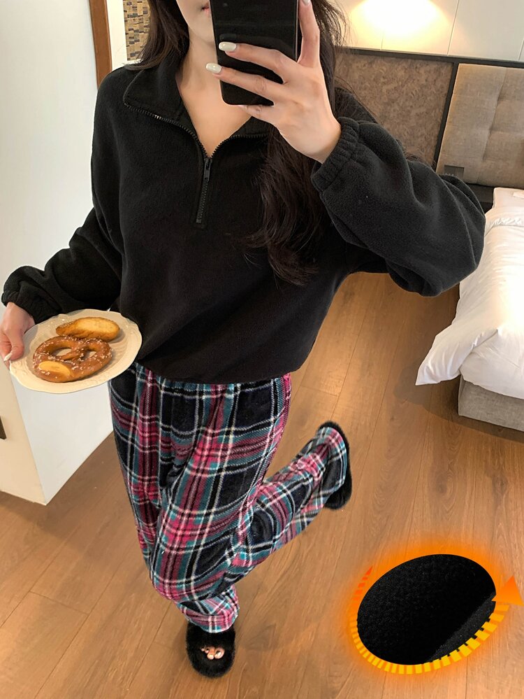 DAZY Women's Autumn/Winter Plaid Top And Long Pants Pajama Set - Black - View 6