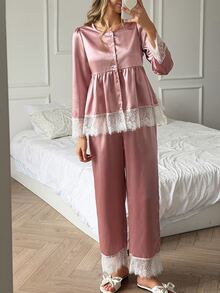 DAZY Women's Lace Patchwork Satin Top And Pants Pajama Set - Dusty Pink - View 3