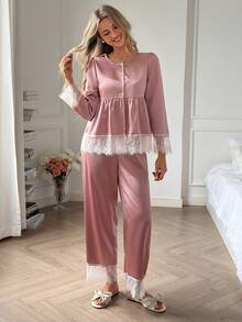 DAZY Women's Lace Patchwork Satin Top And Pants Pajama Set - Dusty Pink - View 5
