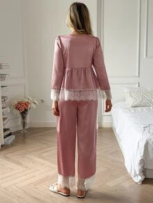 DAZY Women's Lace Patchwork Satin Top And Pants Pajama Set - Dusty Pink - View 2