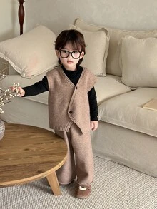 Dazy Kids Set Rompi Kasual Bayi Laki-laki Musim Gugur/Dingin & Celana Panjang - Coffee Brown - View 8