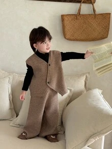 Dazy Kids Set Rompi Kasual Bayi Laki-laki Musim Gugur/Dingin & Celana Panjang - Coffee Brown - View 1