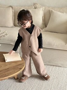 Dazy Kids Set Rompi Kasual Bayi Laki-laki Musim Gugur/Dingin & Celana Panjang - Coffee Brown - View 9