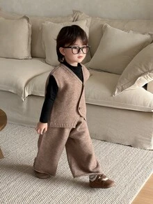 Dazy Kids Set Rompi Kasual Bayi Laki-laki Musim Gugur/Dingin & Celana Panjang - Coffee Brown - View 7