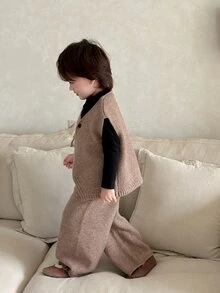 Dazy Kids Set Rompi Kasual Bayi Laki-laki Musim Gugur/Dingin & Celana Panjang - Coffee Brown - View 5