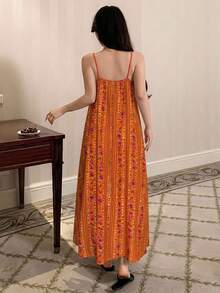 DAZY Summer Beach Vacation Style Floral Print Loose Cami Long Nightgown For Women - Orange - View 2