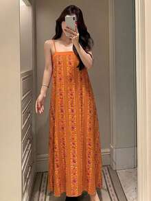 DAZY Summer Beach Vacation Style Floral Print Loose Cami Long Nightgown For Women - Orange - View 5