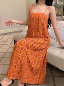 DAZY Summer Beach Vacation Style Floral Print Loose Cami Long Nightgown For Women - Orange - View 4