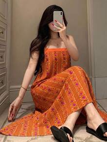 DAZY Summer Beach Vacation Style Floral Print Loose Cami Long Nightgown For Women - Orange - View 3