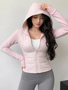 Livesso Damen Winterjacke in hellem Rosa mit Kapuze, Kordelzug, langen Ärmeln, dicker Taschendekoration, lockerer Passform, für Renntag, Joggen, Athleisure und Lässig - Pink - Übersicht 5