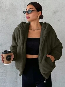 SHEIN Cottnline جاكيت صوفي للنساء مزود بغطاء رأس وياقة نمط القميص - كاكي - مشاهدة 6