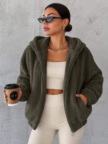 SHEIN Cottnline جاكيت صوفي للنساء مزود بغطاء رأس وياقة نمط القميص - كاكي - مشاهدة 1