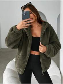 SHEIN Cottnline جاكيت صوفي للنساء مزود بغطاء رأس وياقة نمط القميص - كاكي - مشاهدة 2