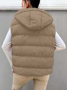 SHEIN Cottnline Women's Solid Color Zipper Front Drawstring Hooded Casual Vest Jacket, Winter - White - View 6