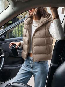 SHEIN Cottnline Women's Solid Color Zipper Front Drawstring Hooded Casual Vest Jacket, Winter - White - View 1