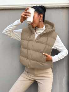 SHEIN Cottnline Women's Solid Color Zipper Front Drawstring Hooded Casual Vest Jacket, Winter - White - View 5