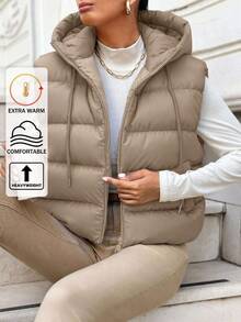 SHEIN Cottnline Women's Solid Color Zipper Front Drawstring Hooded Casual Vest Jacket, Winter - White - View 2