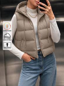 SHEIN Cottnline Women's Solid Color Zipper Front Drawstring Hooded Casual Vest Jacket, Winter - White - View 3