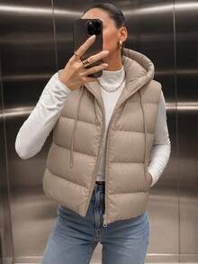 SHEIN Cottnline Women's Solid Color Zipper Front Drawstring Hooded Casual Vest Jacket, Winter - White - View 4