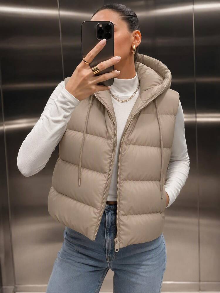 SHEIN Cottnline Women's Solid Color Zipper Front Drawstring Hooded Casual Vest Jacket, Winter - White - View 4