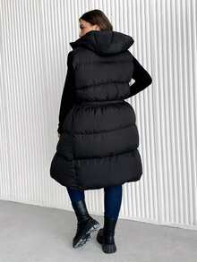 SHEIN Cottnline Plus Zip Up Hooded Puffer Vest Coat - Black - View 7