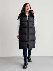 SHEIN Cottnline Plus Zip Up Hooded Puffer Vest Coat - Black - View 3