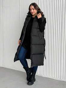 SHEIN Cottnline Plus Zip Up Hooded Puffer Vest Coat - Black - View 5